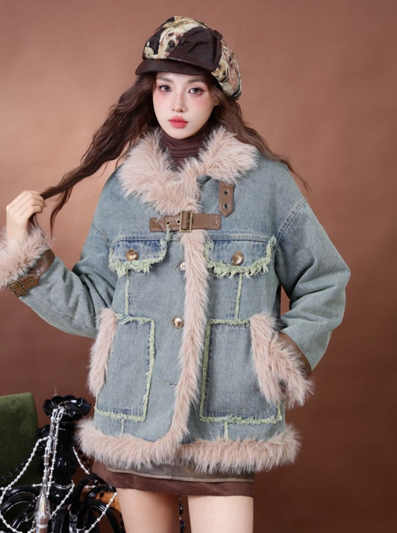 Retro Fur Patchwork Denim Coat