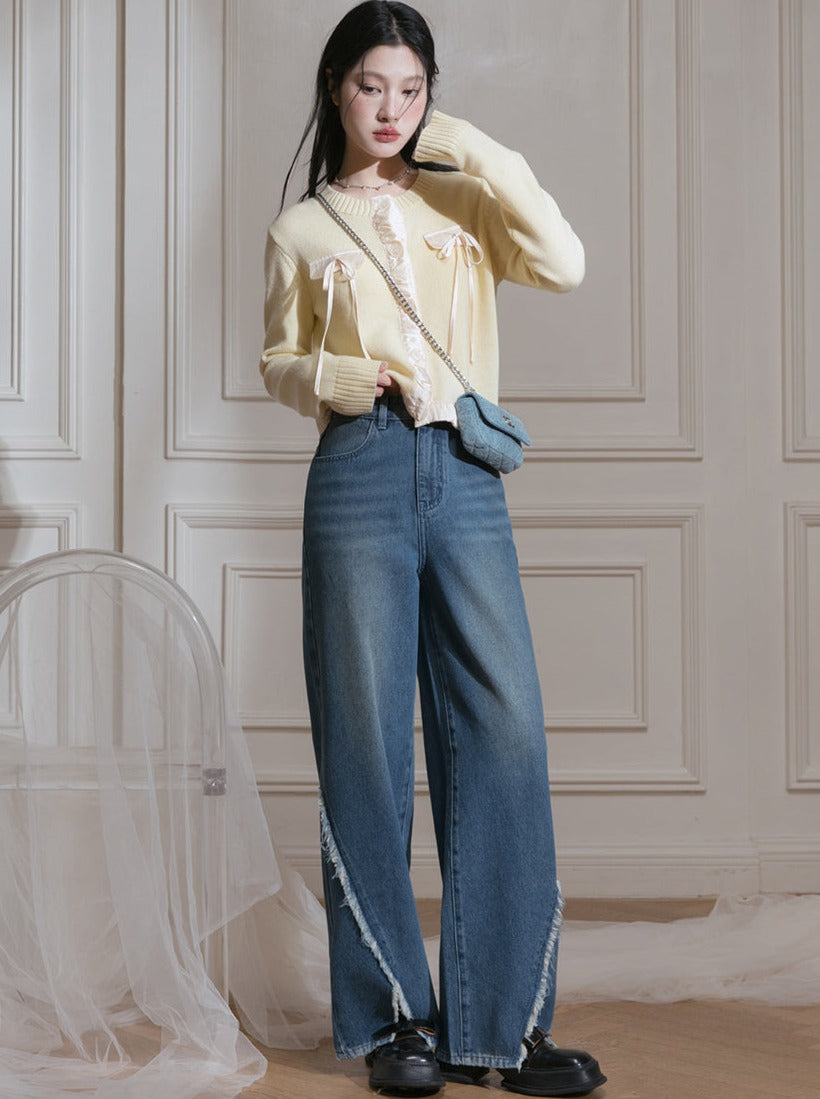 Low edge slit mid -rise -leged denim pants