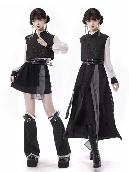 Pinksavior [West Chamber] Bamboo Printing New Chinese Waist Cinching Thin Black and White Design Suit Women