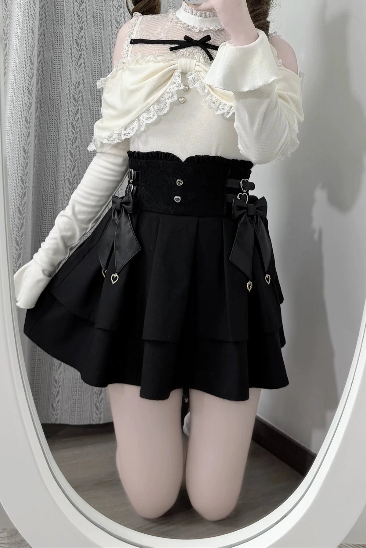 [Pre-order Deadline: October 15] Romantic White Bow Sheer Lace Off-Shoulder Knit Top + Black Bow Lace Layered Mini Skirt