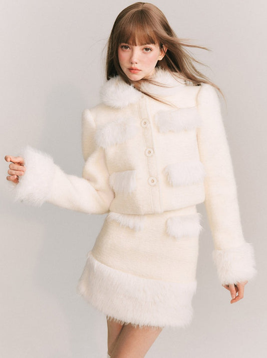 Fur Short Coat + Voluminous Fur Tight Skirt