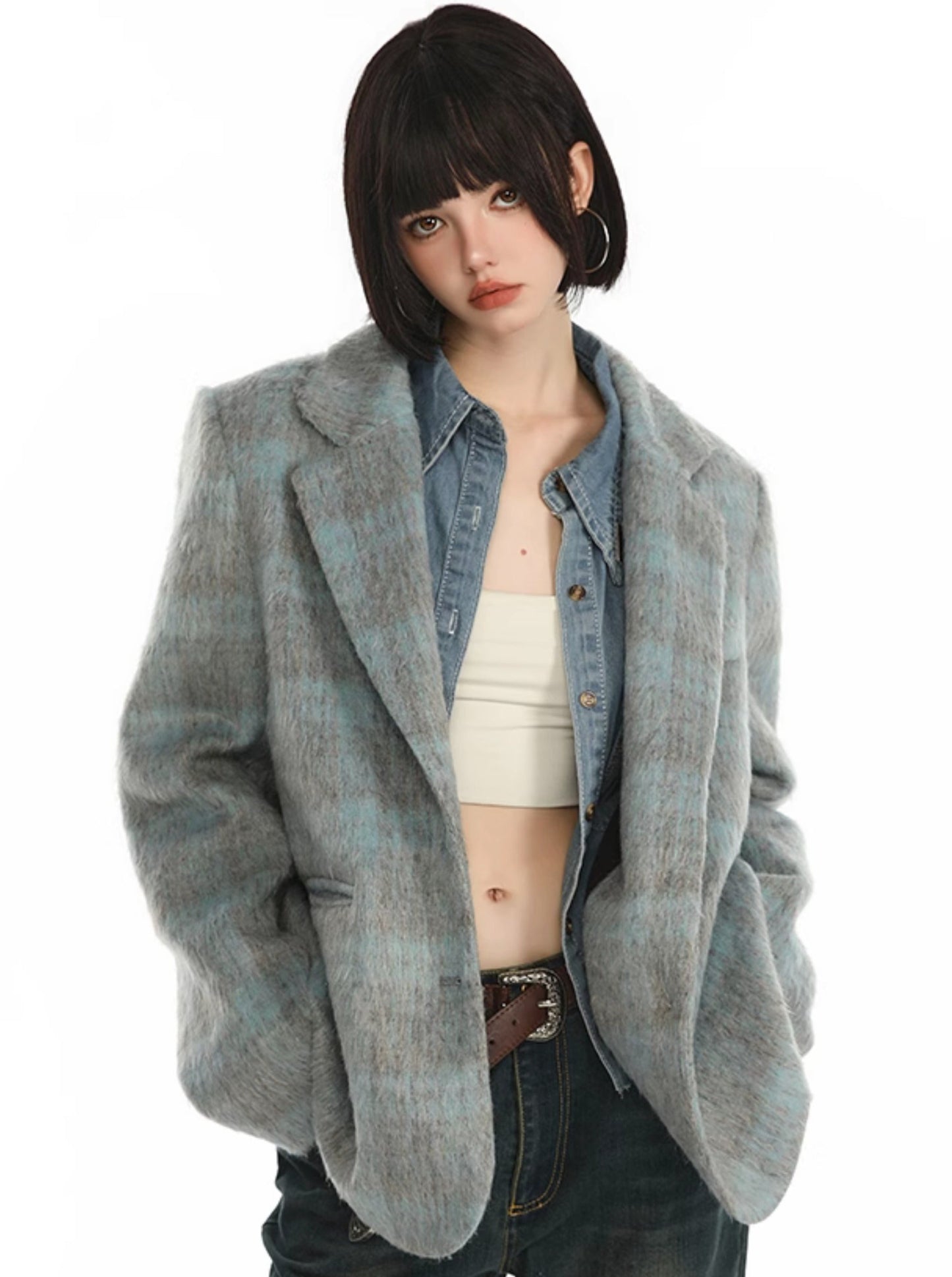 Trendy wool check retro loose jacket