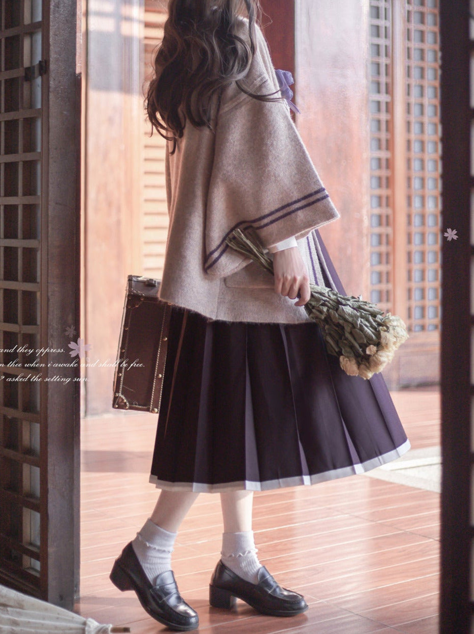 Retro Japanese sleeve knit cardigan + ruffle stand collar shirt + vest dress + ribbon + corsage