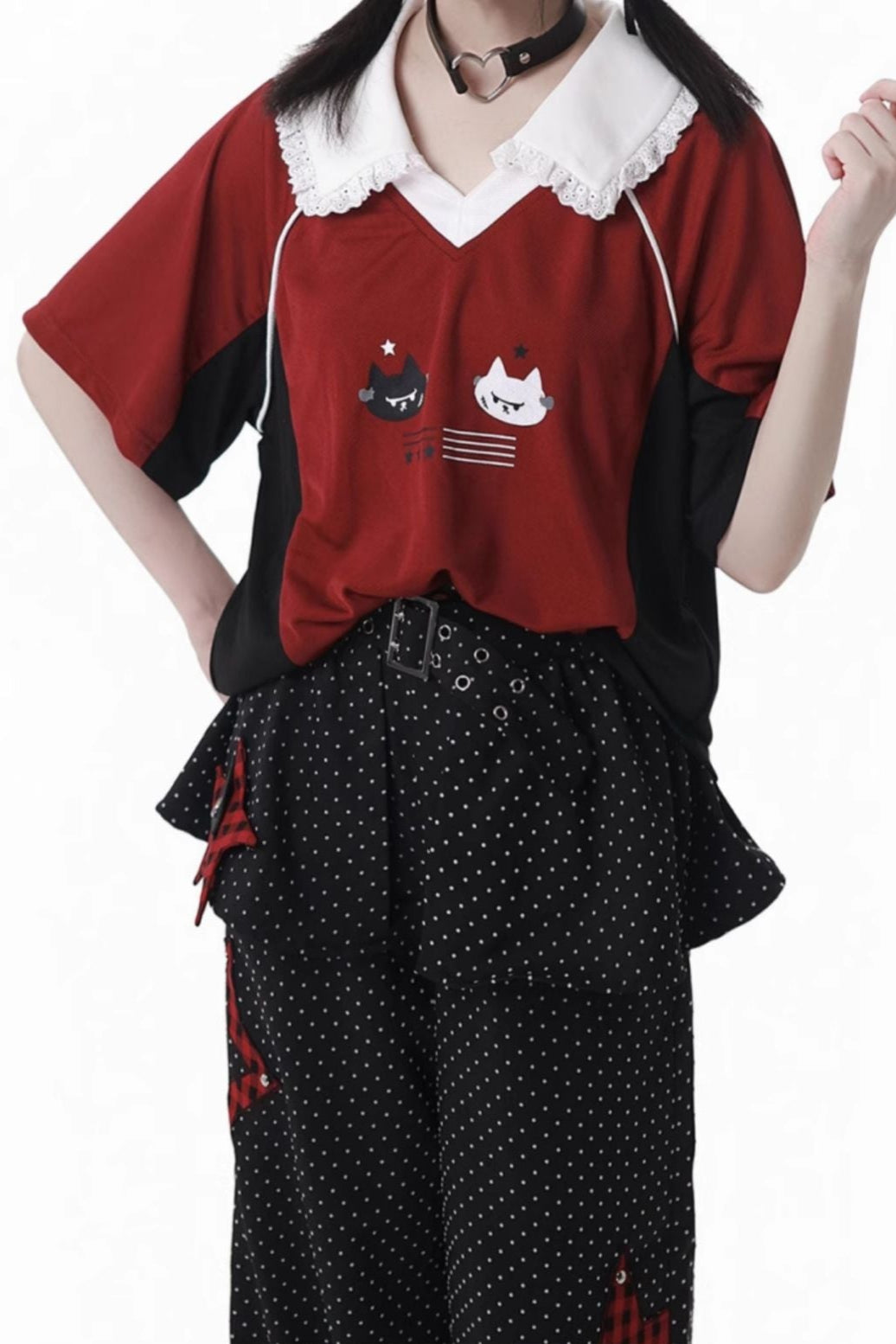 レースカラーオーバートップス＋バルーンスカート＋ロングパンツ＋レッグウォーマー