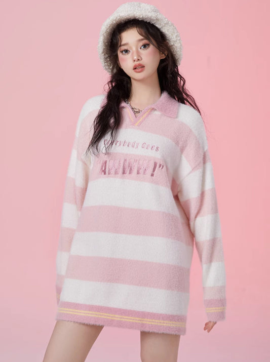 Girly Sweet Striped Polo Collar Knit Sweater