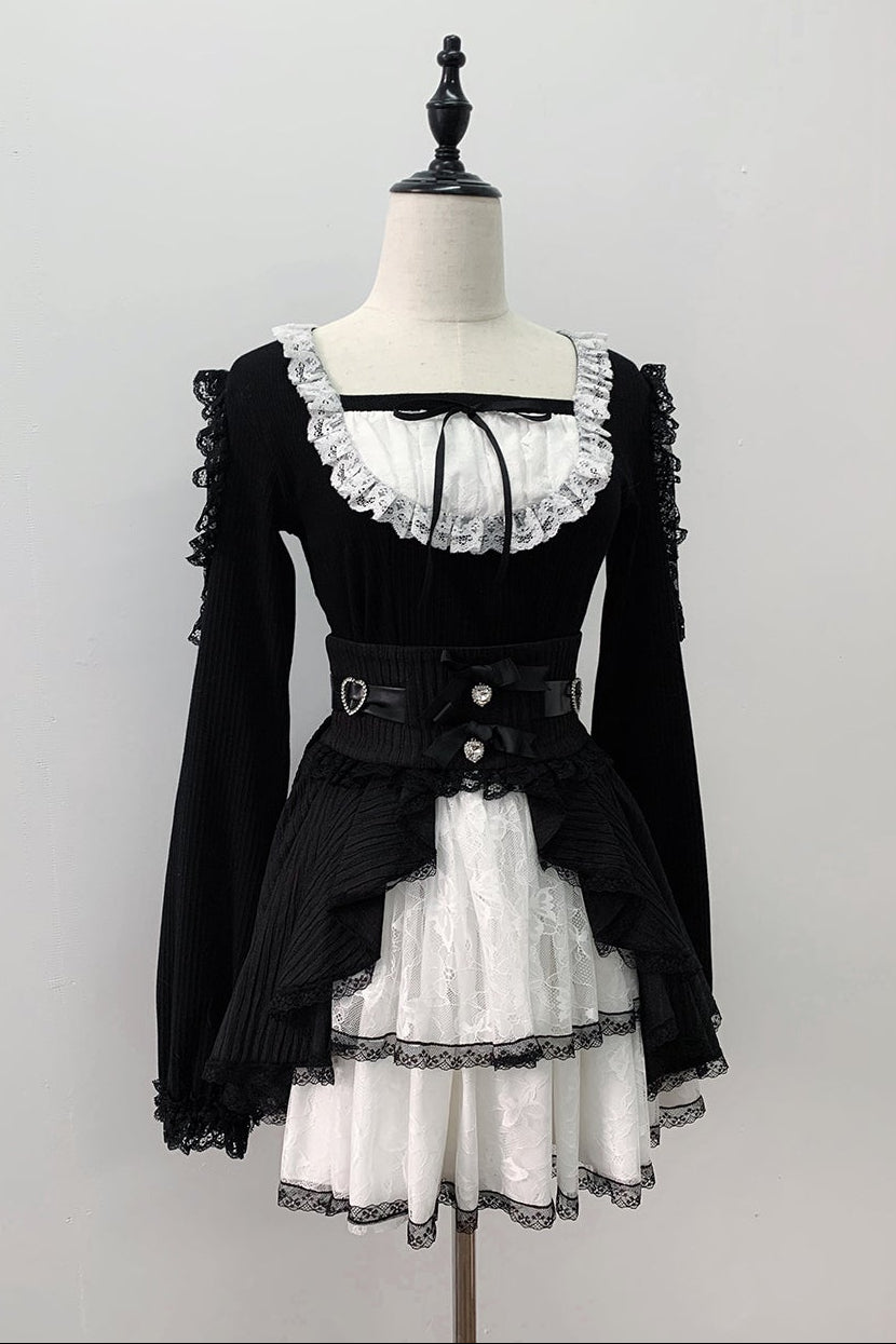 【12月6日予約締切】ブラックホワイトレースシアーショルダーニットトップス＋ケーキスカート