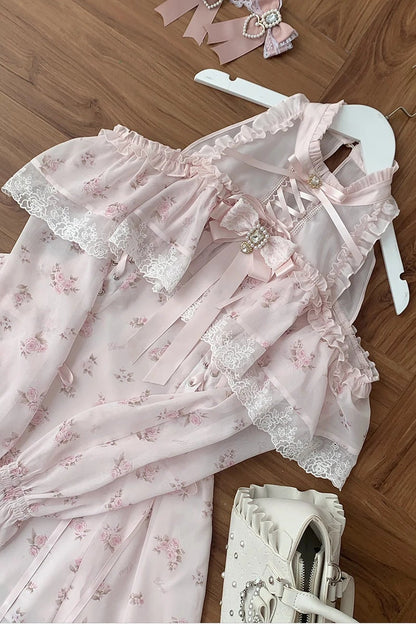 【8月30日予約締切】Pink floral chiffon lace jewel ribbon open shoulder long sleeve dress (short length/long length)