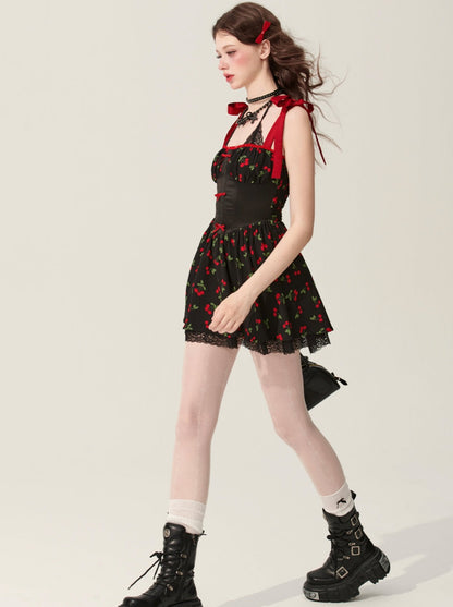 [31 mai à 20 heures] less eye small cherry black floral halterneck dress women's summer puffy skirt