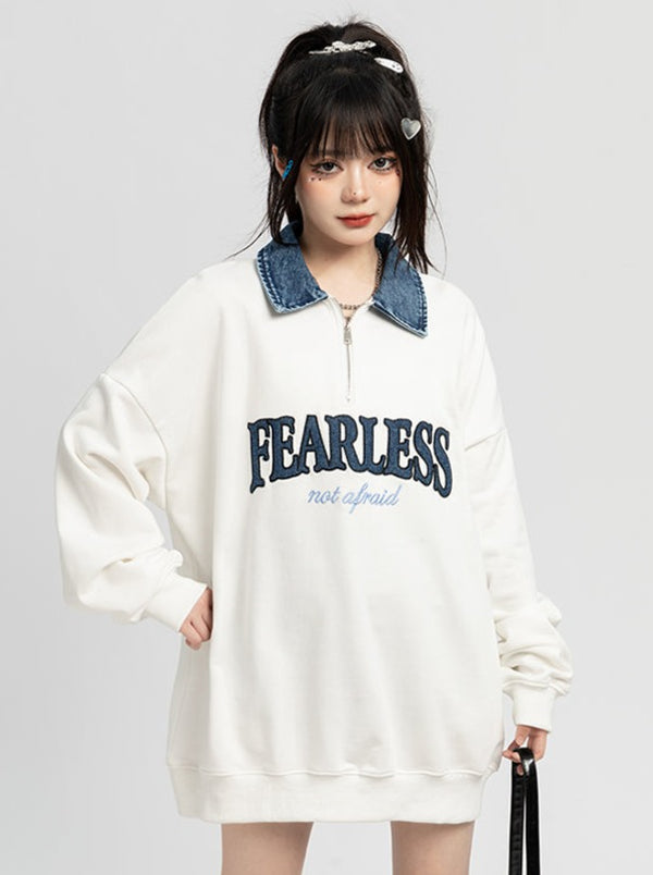 American Retro Denim Polo Collar Sweatshirt