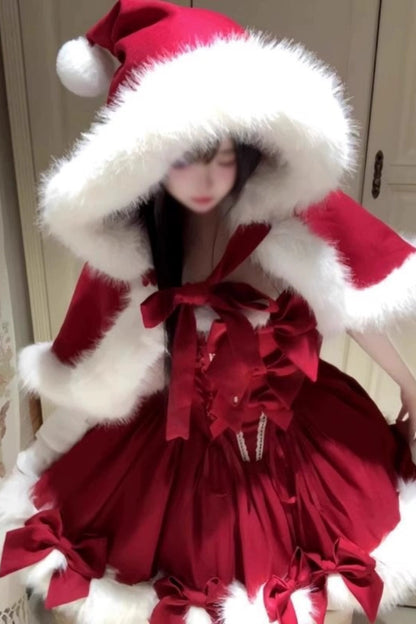 Sweet Christmas Fur Hooded Cape + Camisole Dress