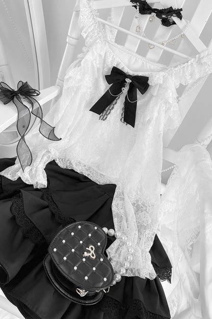 地雷インナーシャツレースリボンノースリーブシャツ+ケーキスカート