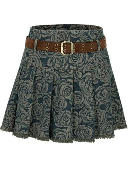 American Hot Girl Flower Denim Jacket + Denim Pleated Skirt + Belt
