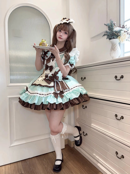 【予約商品】クッキーミントチョコレートアプリコットパウダーラブ キュートメイドロリータドレス