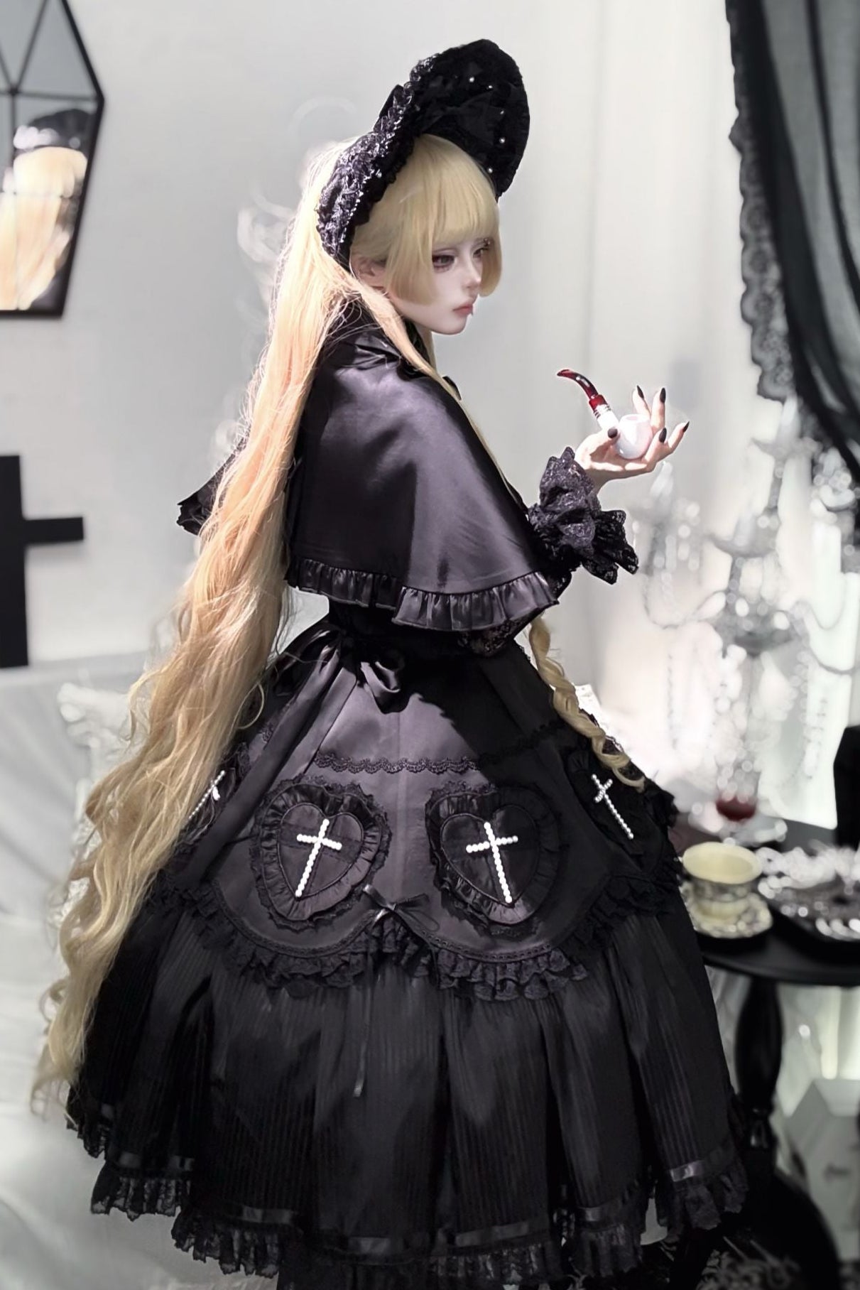 [Deadline for reservations: November 21] Night Cross Dark Elegant Gothic Lolita Pearl Ribbon Bonnet