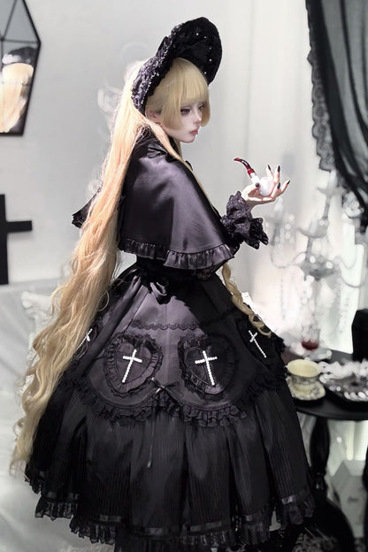 【12月12日予約締切】Night Crossダークエレガントゴシックロリータジュエルリボンケープ＋ロングドレスセット