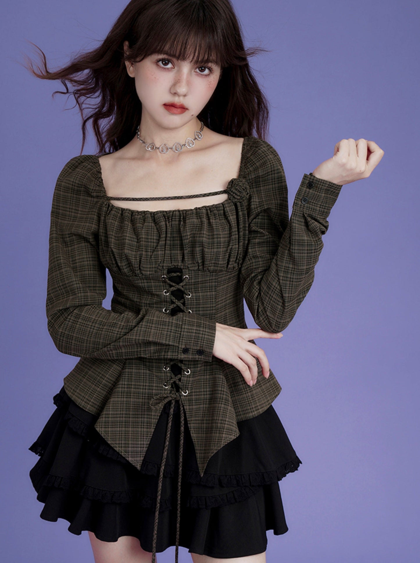 Lace-up Waist Check Top