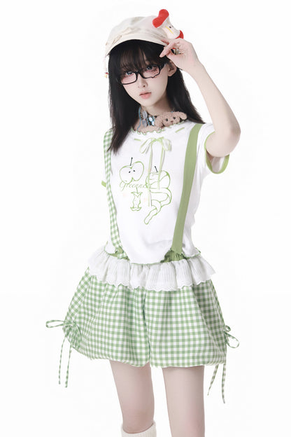 Blue Apple Vibe Top + Suspender Skirt + Wide Pants