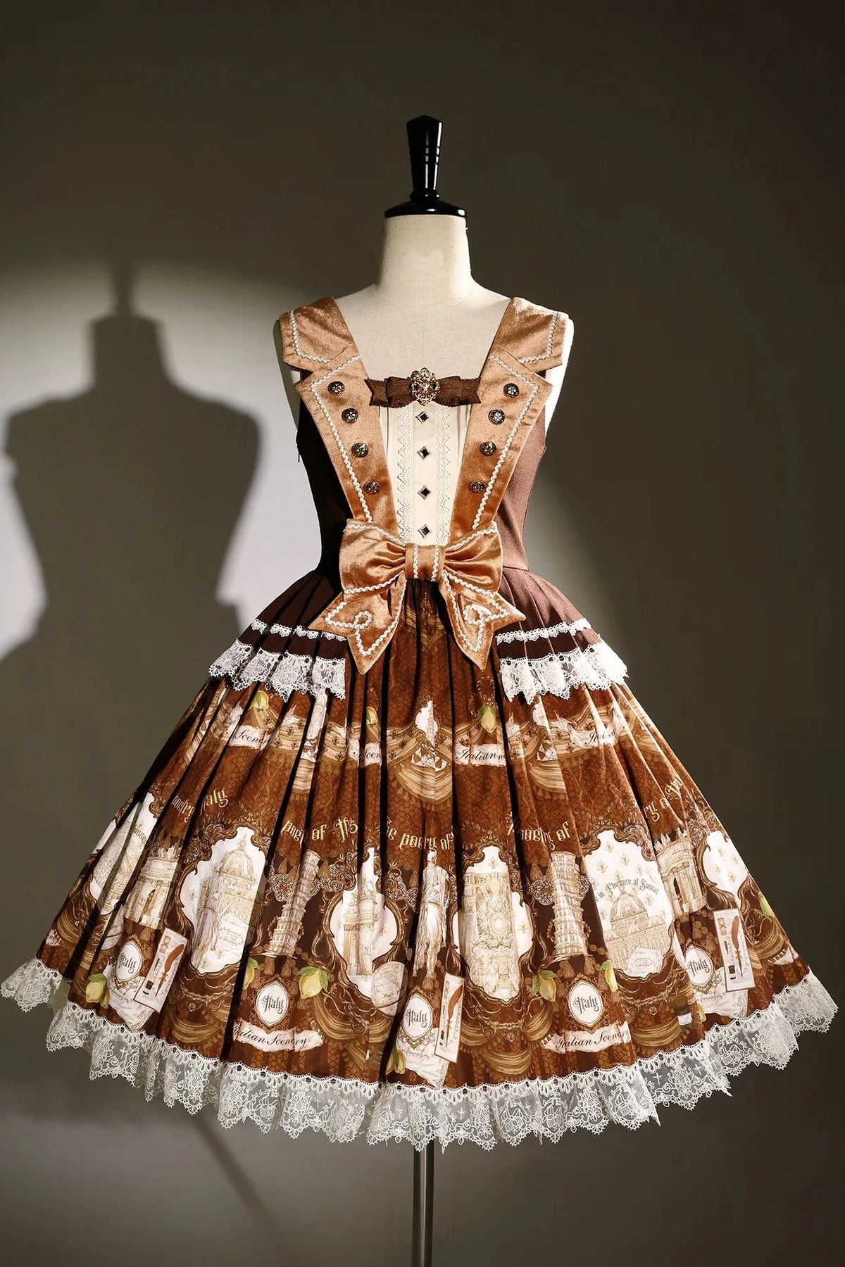 [Reservation Deadline: November 6] Navy Blue/Brown Classic Italian Travel Diary Lolita Vintage Print Bow Bustier JSK Dress with Metal Buttons & Lace Detail