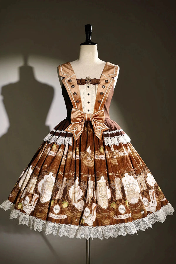 [Reservation Deadline: November 6] Navy Blue/Brown Classic Italian Travel Diary Lolita Vintage Print Bow Bustier JSK Dress with Metal Buttons & Lace Detail