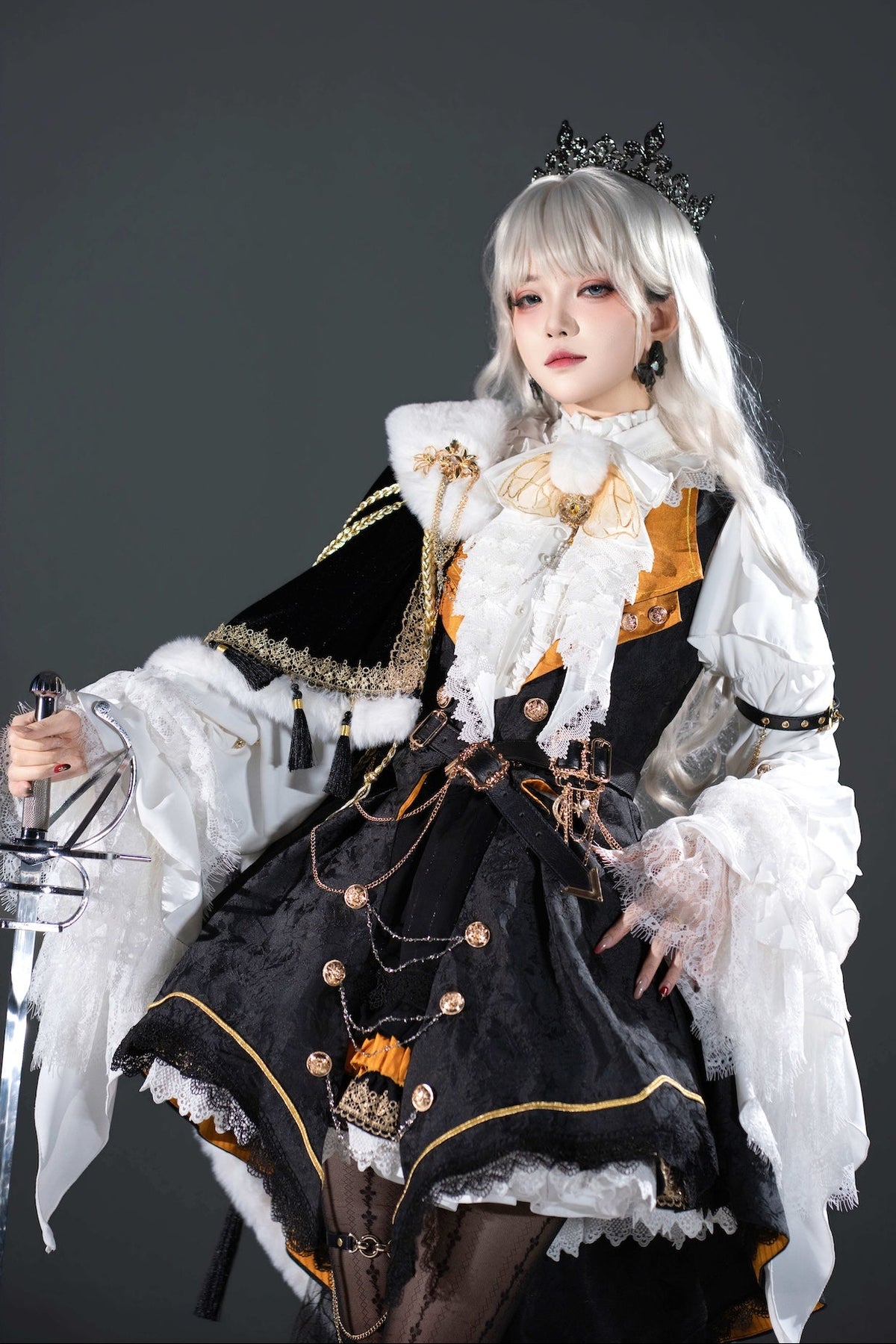 [Reservation Deadline: December 2] Royal Gothic Military Dress Coordinated Set (Shirt + Skirt + Long Vest with Train + One-Shoulder Fur Cape + Accessories)
