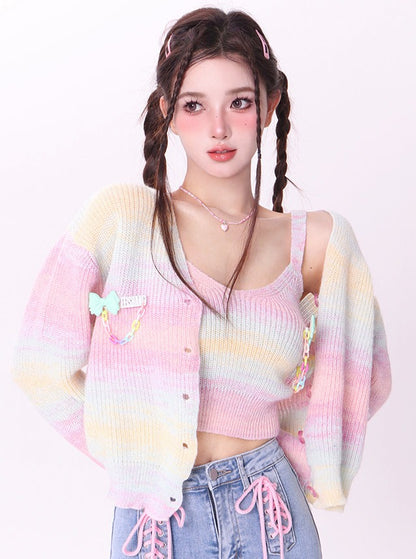 Rainbow Gradation Color Knit Cardigan + Rainbow Camisole