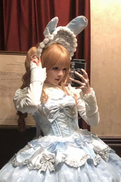 Snow Rabbit Ball Series: Bonnet with rabbit ears + crown veil + accessories