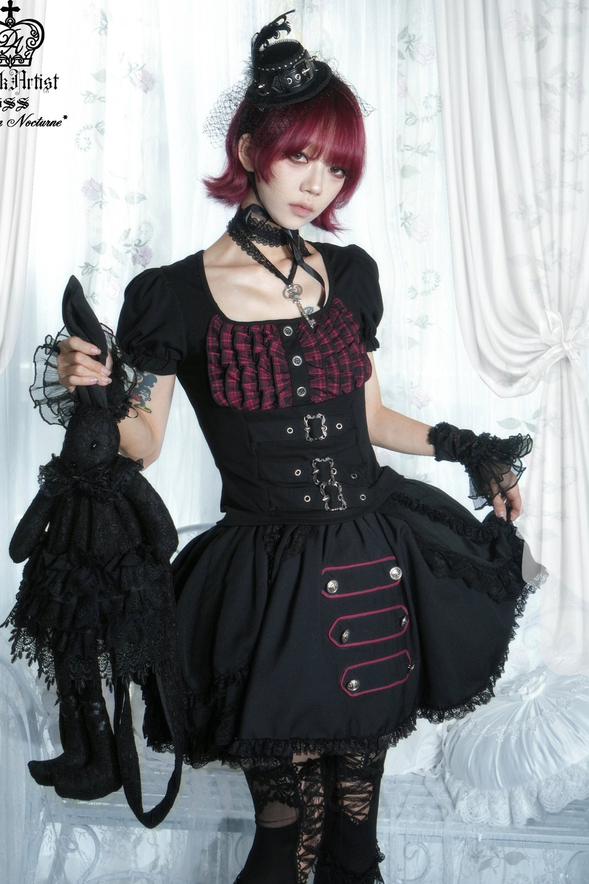 Original from Jiuyu Market: Black and Red Plaid Puff-Sleeve Knit Top with Military-Style Mesh Cake Skirt Set