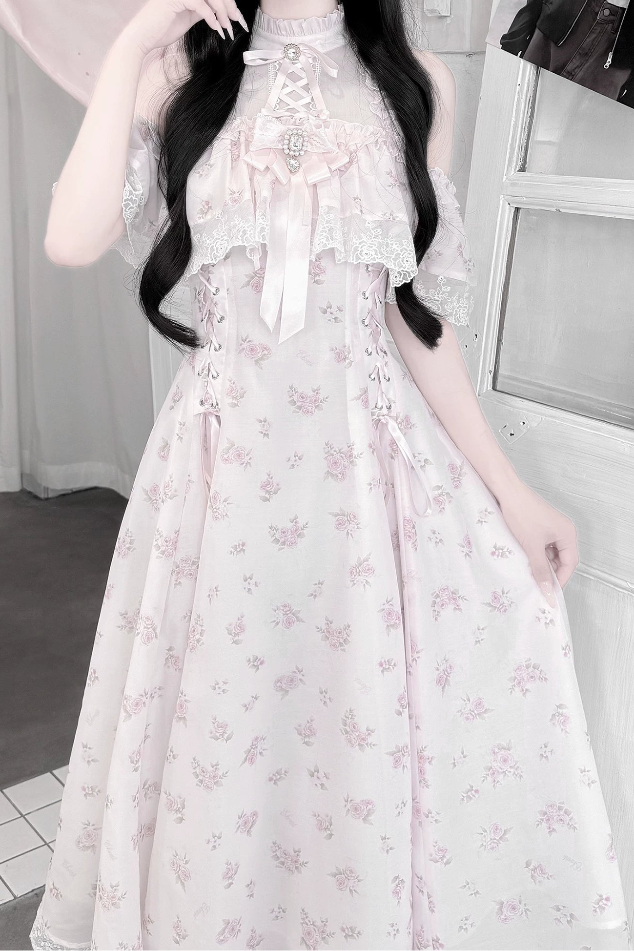 【6月15日予約締切】ピンクフローラルシフォンレースジュエルリボンオープンショルダーロングドレス