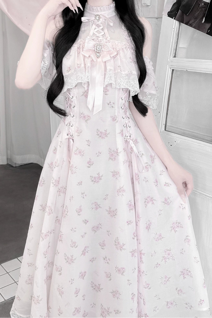 【6月15日予約締切】ピンクフローラルシフォンレースジュエルリボンオープンショルダーロングドレス