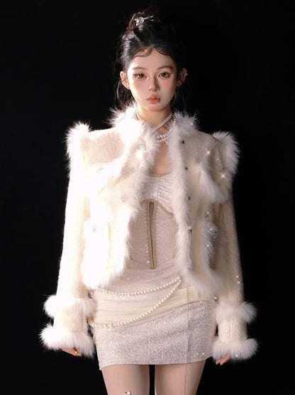 Sweet Tea Snow Fox Fur Apricot Tweed Jacket [Reserved Item].