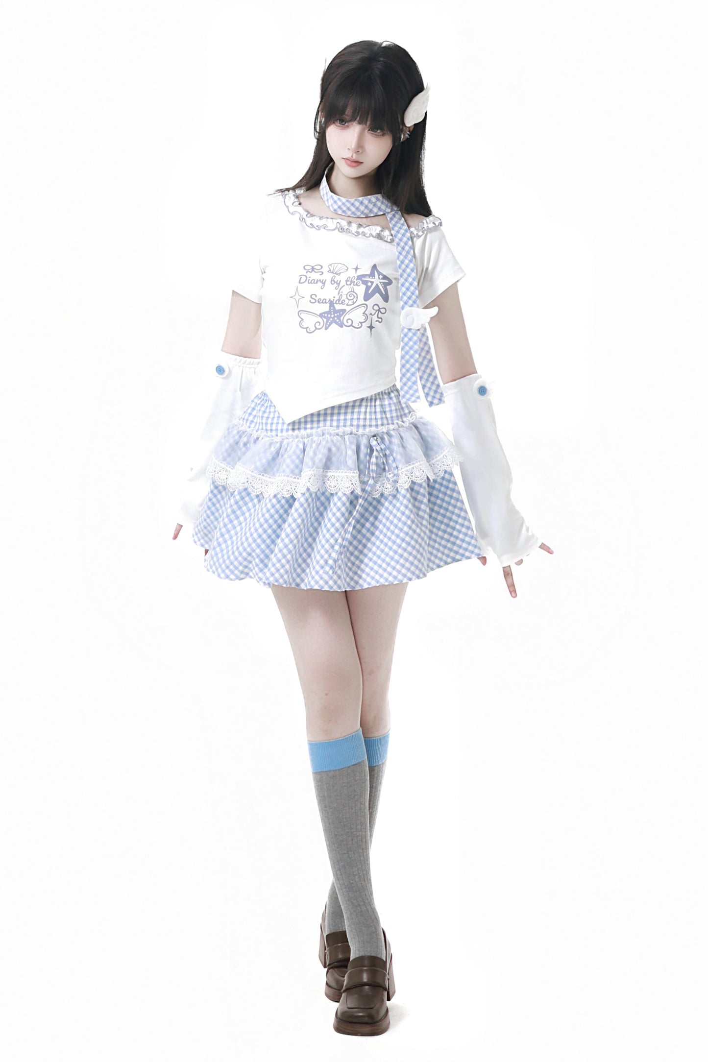 パステルスイートツインスカーフ付きTシャツ＋パフスカート＋アームカバー