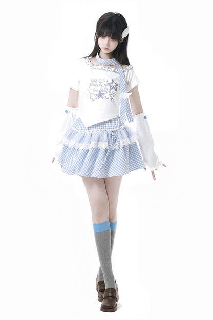 パステルスイートツインスカーフ付きTシャツ＋パフスカート＋アームカバー