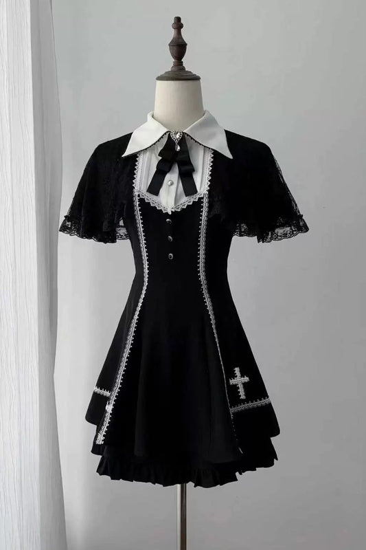 【4月29日予約締切】ブラックゴシックケープスリーブクロスディテールリボンカラードレスセットアップ
