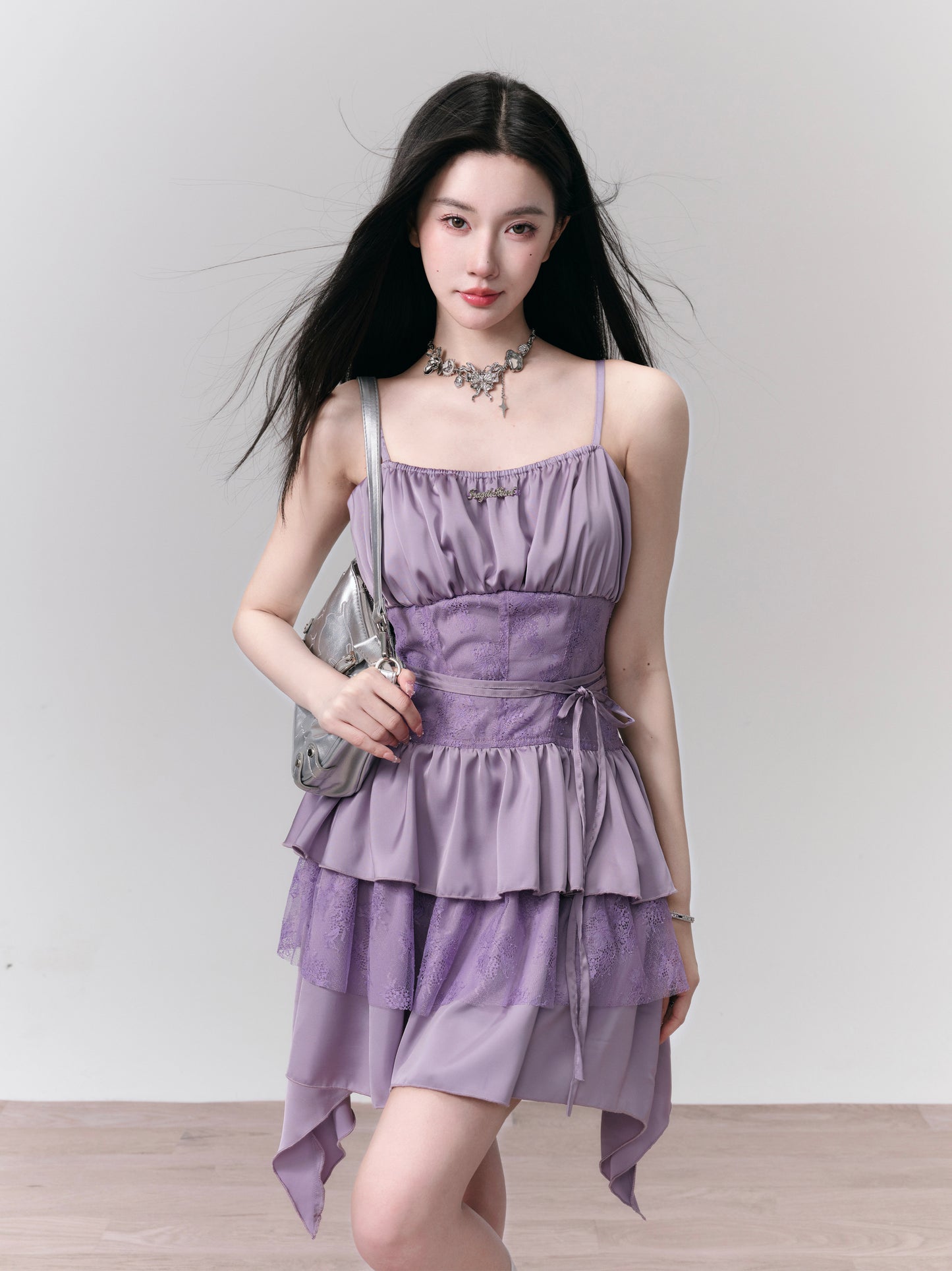 Purple Pleated Lace Camisole Dress