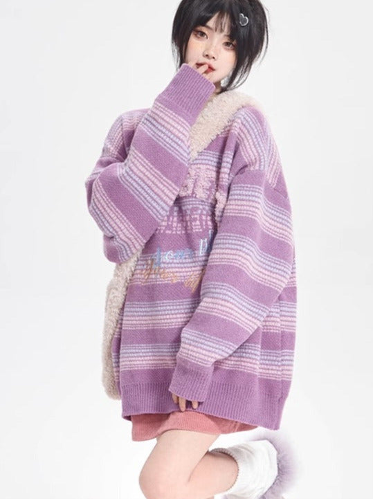 Purple Loose Retro Design Embroidery Stripe Knit Sweater