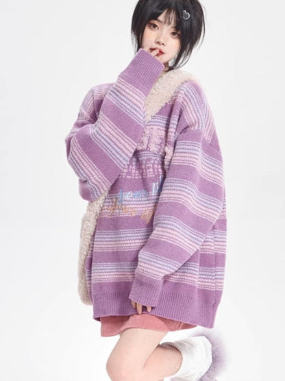 Purple Loose Retro Design Embroidery Stripe Knit Sweater