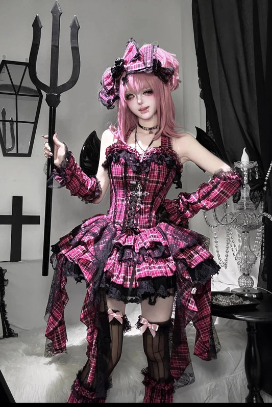 【11月2日予約締切】Pink Plaid × Black Gothic Punk Halter Neck Lace Corset Dress