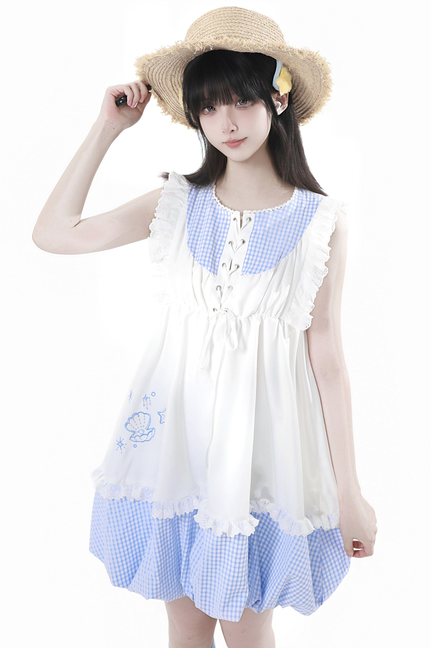 シェルパズルノースリーブトップス＋チェックショートパンツ＋バルーンドレス