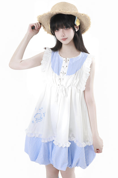 シェルパズルノースリーブトップス＋チェックショートパンツ＋バルーンドレス