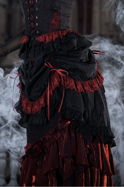 [Pre-order] Red and Black Dark Gothic Lolita Ruffle Slit Long Skirt + Pull-Up Overskirt