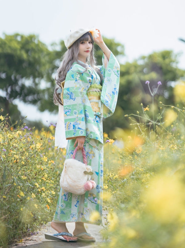 Floral green girly feminine summer festival yukata 9 piece set 