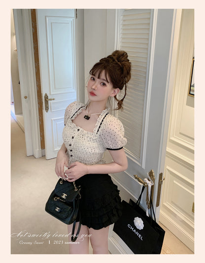 French Dot Stitch Lace Ruffle Design Chiffon Shirt