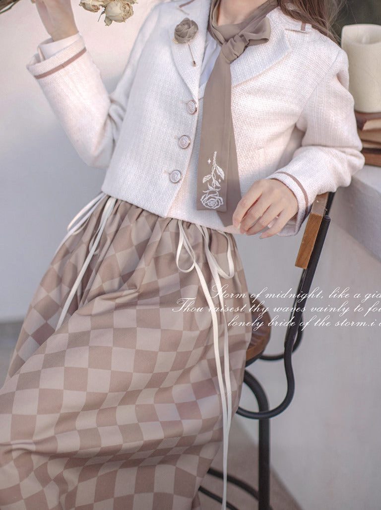 French Retro Suit Short Jacket + Bow Tie Shirt + Check Lace-Up Skirt + Rose Brooch