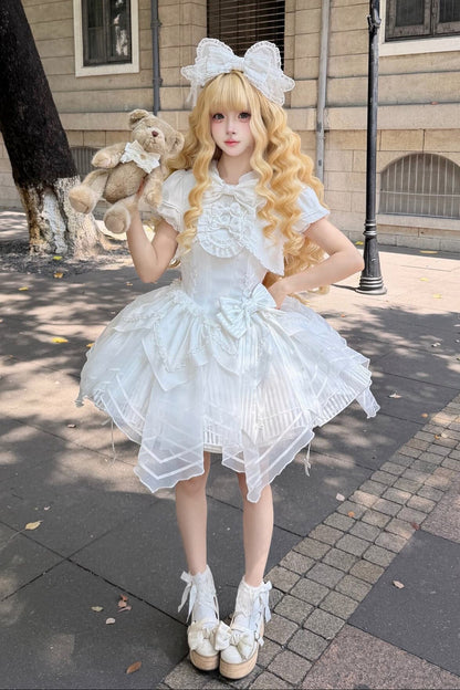 【4月18日予約締切】猫耳フーディーレースリボンホワイトフェイクツーピースロマンティックゴシックロリータドレス