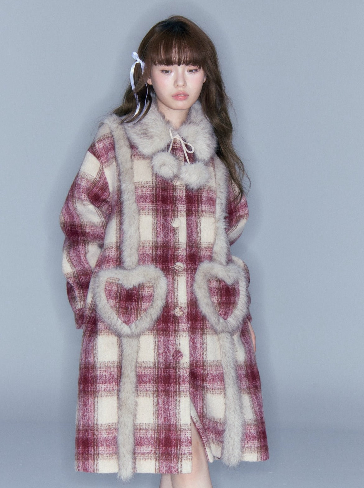 Red wool check long coat