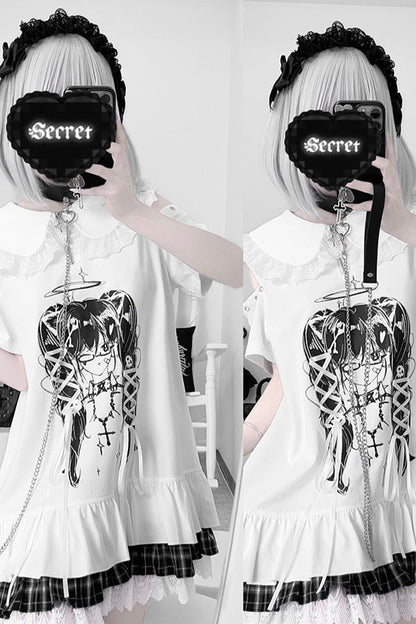 サブカルチャープリントオフショルダータイワンピース