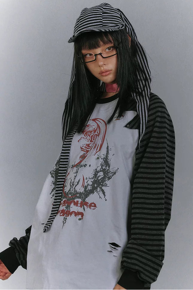 バイカラーラグランルーズトップス