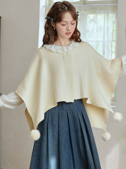 Fur Pompon Cape Cloak