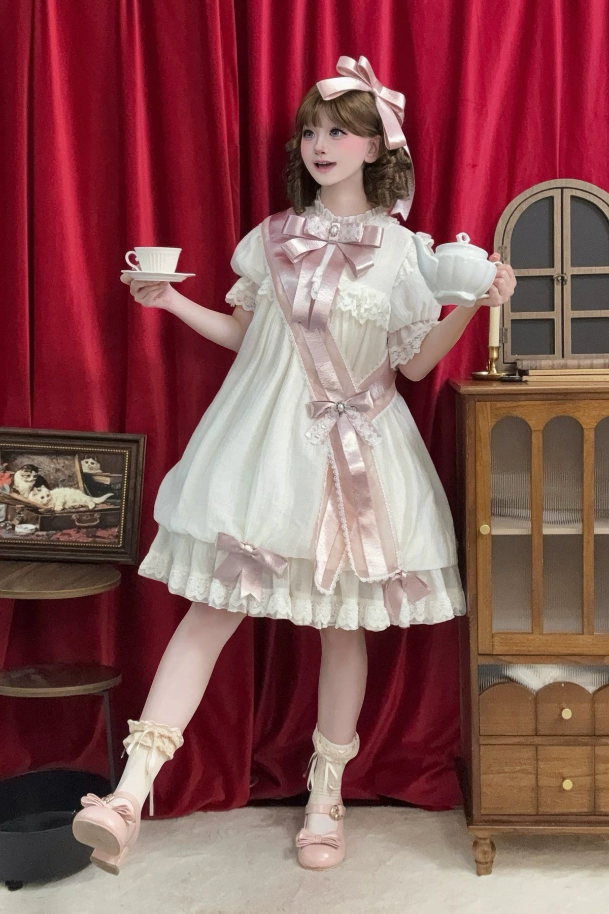【9月19日予約締切】Pink x Beige / Dark Blue x Beige Doll Style Sweet Lolita Bow Lace Puff Sleeve Dress + Dress Set + Full Set