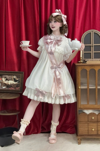 【9月19日予約締切】Pink x Beige / Dark Blue x Beige Doll Style Sweet Lolita Bow Lace Puff Sleeve Dress + Dress Set + Full Set